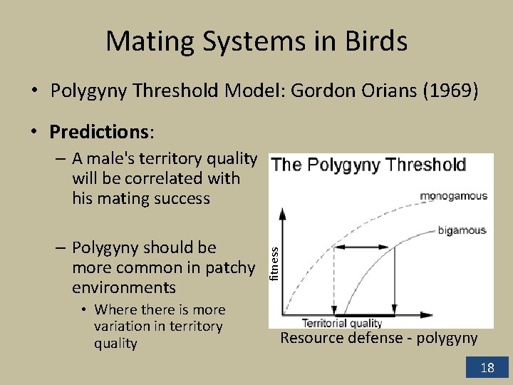 Mating Systems in Birds • Polygyny Threshold Model: Gordon Orians (1969) • Predictions: – Mating Systems in Birds • Polygyny Threshold Model: Gordon Orians (1969) • Predictions: –