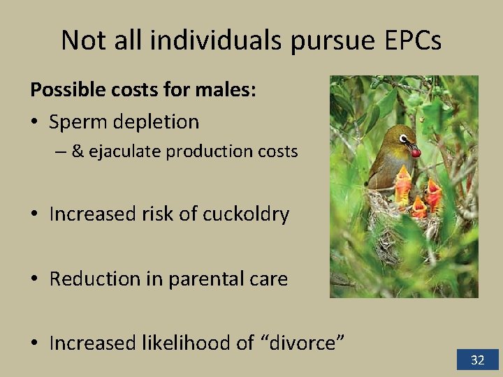 Not all individuals pursue EPCs Possible costs for males: • Sperm depletion – & Not all individuals pursue EPCs Possible costs for males: • Sperm depletion – &