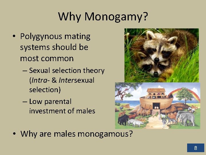 Why Monogamy? • Polygynous mating systems should be most common – Sexual selection theory Why Monogamy? • Polygynous mating systems should be most common – Sexual selection theory