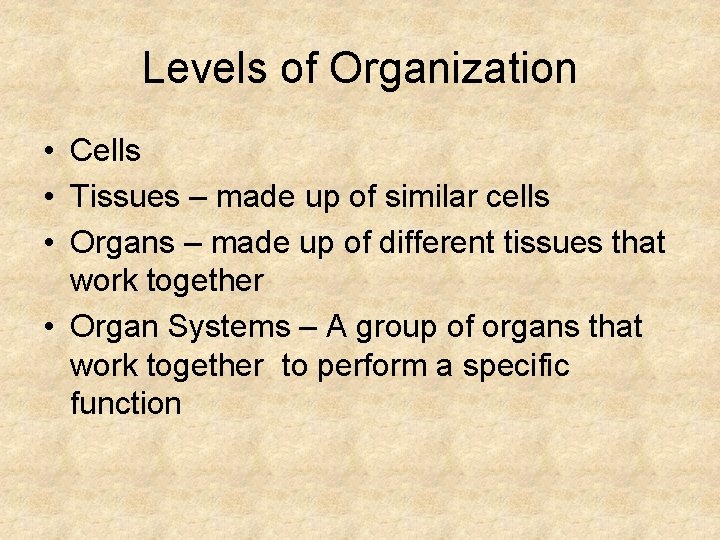 Levels of Organization • Cells • Tissues – made up of similar cells •