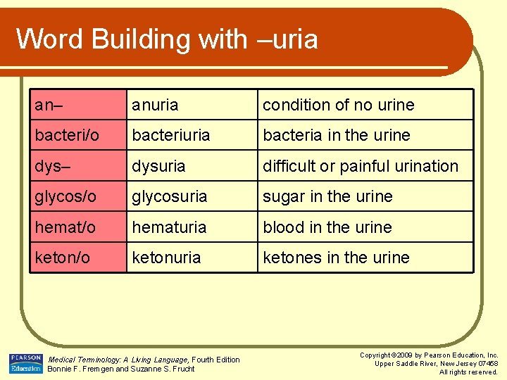 Word Building with –uria an– anuria condition of no urine bacteri/o bacteriuria bacteria in