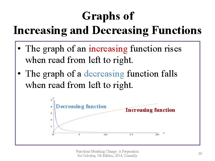 Graphs of Increasing and Decreasing Functions • The graph of an increasing function rises Graphs of Increasing and Decreasing Functions • The graph of an increasing function rises