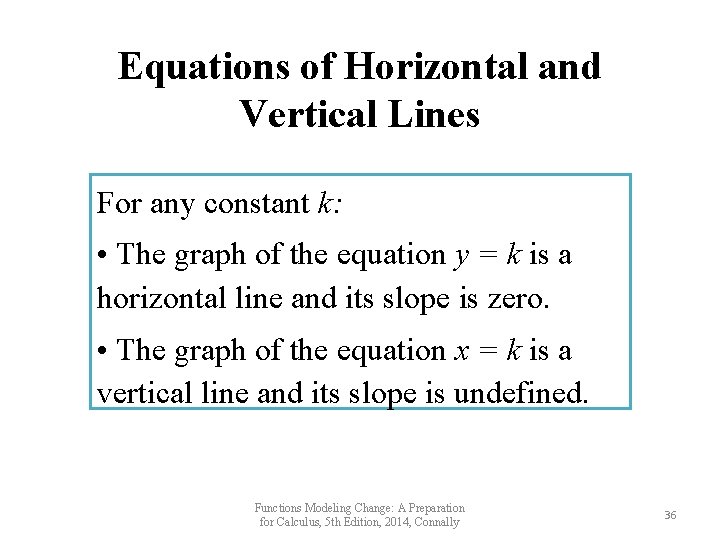 Equations of Horizontal and Vertical Lines For any constant k: • The graph of Equations of Horizontal and Vertical Lines For any constant k: • The graph of