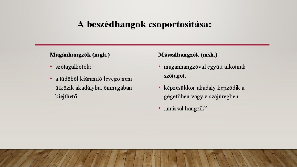 A beszédhangok csoportosítása: Magánhangzók (mgh. ) Mássalhangzók (msh. ) • szótagalkotók; • magánhangzóval együtt