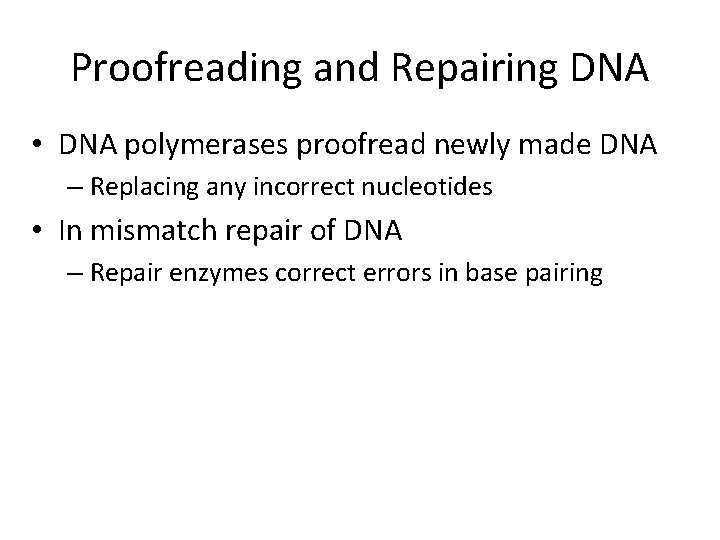 Proofreading and Repairing DNA • DNA polymerases proofread newly made DNA – Replacing any