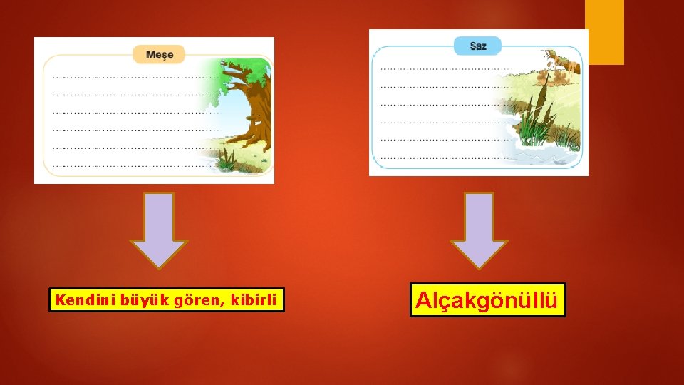 Kendini büyük gören, kibirli Alçakgönüllü 