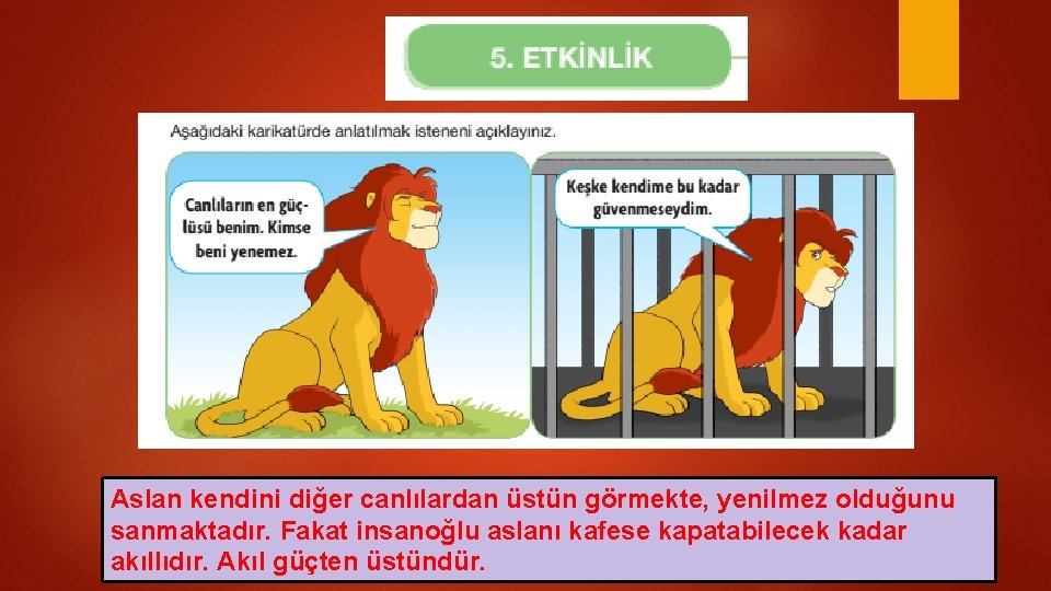 Aslan kendini diğer canlılardan üstün görmekte, yenilmez olduğunu sanmaktadır. Fakat insanoğlu aslanı kafese kapatabilecek