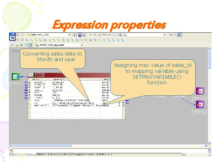 Expression properties Converting sales date to Month and year Assigning max value of sales_id