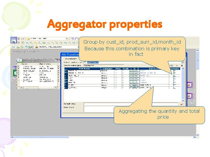 Aggregator properties Group by cust_id, prod_surr_id, month_id Because this combination is primary key in