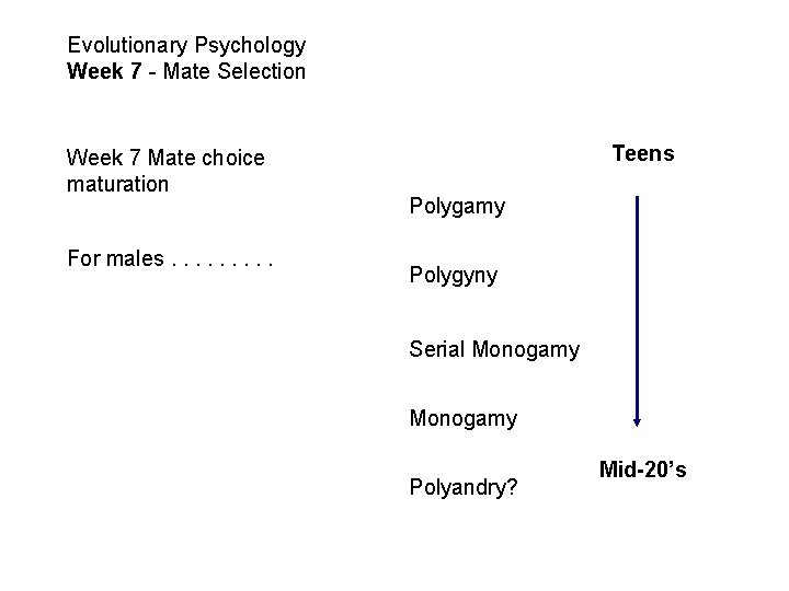 Evolutionary Psychology Week 7 - Mate Selection Week 7 Mate choice maturation For males.