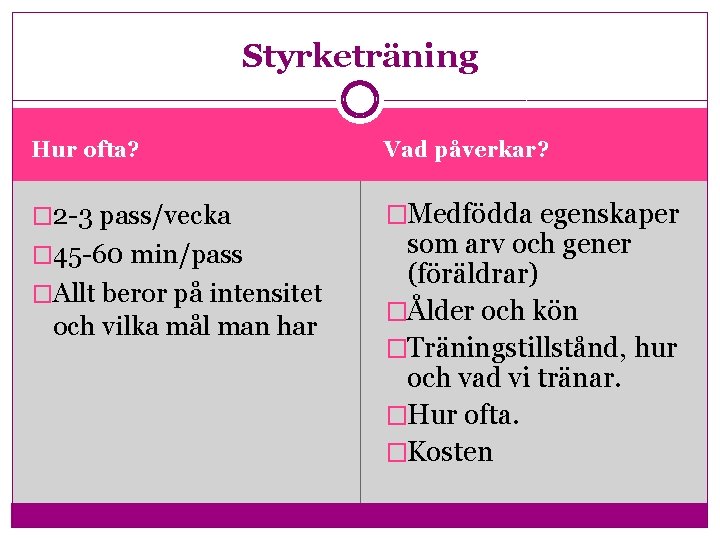 Styrketräning Hur ofta? Vad påverkar? � 2 -3 pass/vecka �Medfödda egenskaper � 45 -60