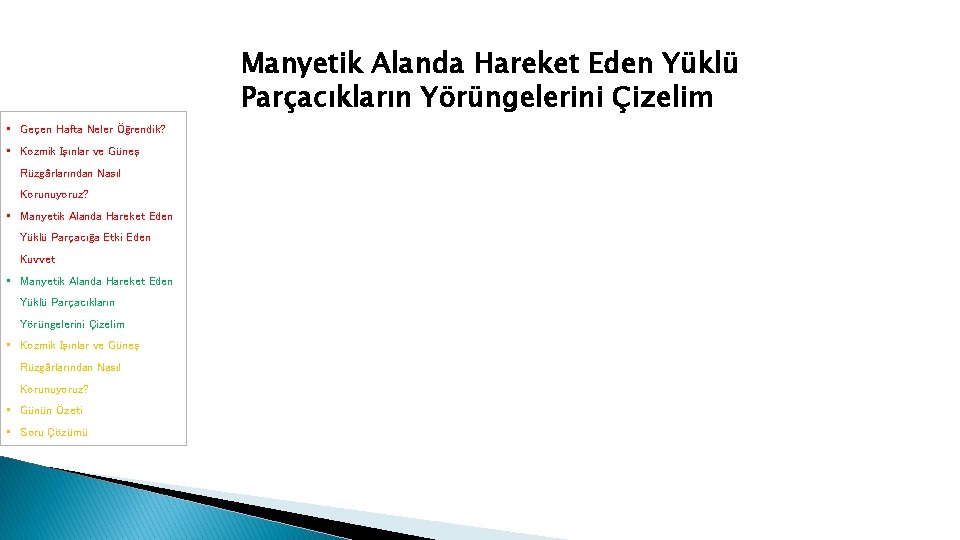 Manyetik Alanda Hareket Eden Yüklü Parçacıkların Yörüngelerini Çizelim • Geçen Hafta Neler Öğrendik? • Manyetik Alanda Hareket Eden Yüklü Parçacıkların Yörüngelerini Çizelim • Geçen Hafta Neler Öğrendik? •