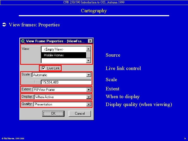 CFR 250/590 Introduction to GIS, Autumn 1999 Cartography Ü View frames: Properties Source Live