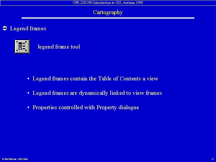 CFR 250/590 Introduction to GIS, Autumn 1999 Cartography Ü Legend frames legend frame tool