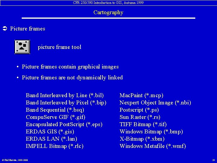 CFR 250/590 Introduction to GIS, Autumn 1999 Cartography Ü Picture frames picture frame tool