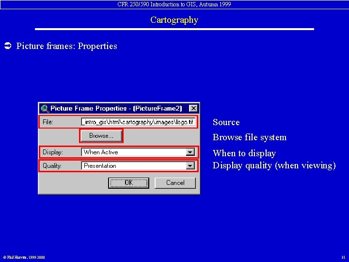 CFR 250/590 Introduction to GIS, Autumn 1999 Cartography Ü Picture frames: Properties Source Browse