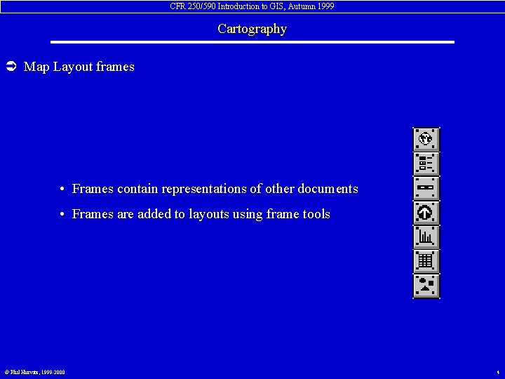 CFR 250/590 Introduction to GIS, Autumn 1999 Cartography Ü Map Layout frames • Frames
