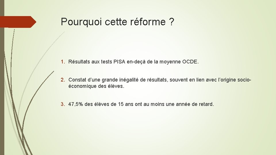 Pourquoi cette réforme ? 1. Résultats aux tests PISA en-deçà de la moyenne OCDE.