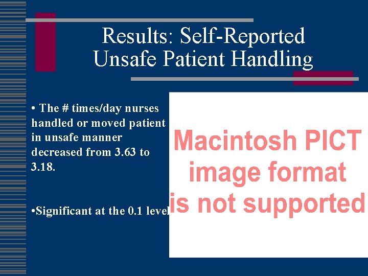 Results: Self-Reported Unsafe Patient Handling • The # times/day nurses handled or moved patient