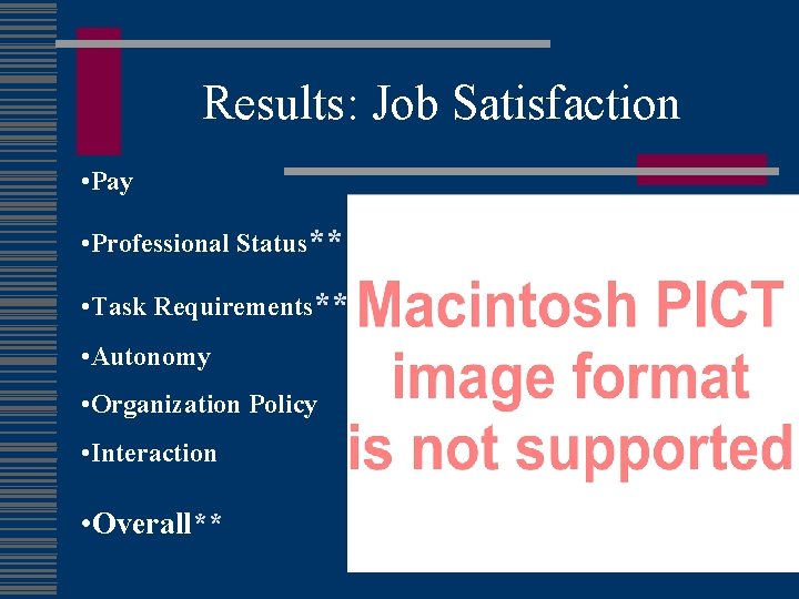 Results: Job Satisfaction • Pay • Professional Status** • Task Requirements** • Autonomy •
