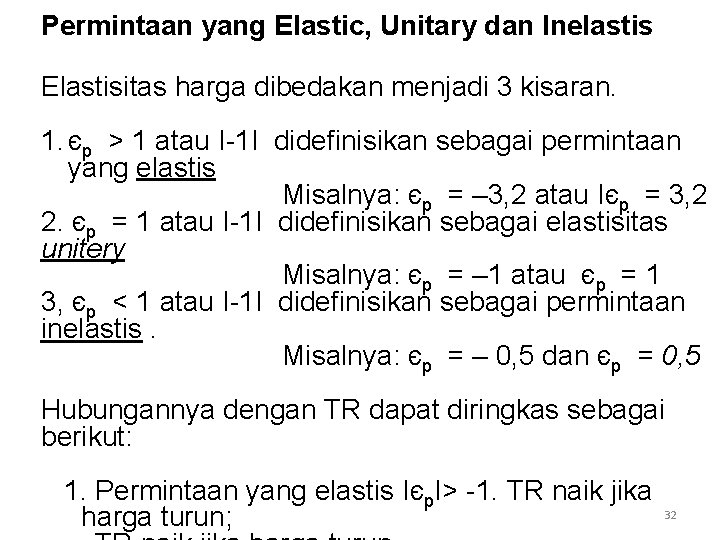 Permintaan yang Elastic, Unitary dan Inelastis Elastisitas harga dibedakan menjadi 3 kisaran. 1. єp