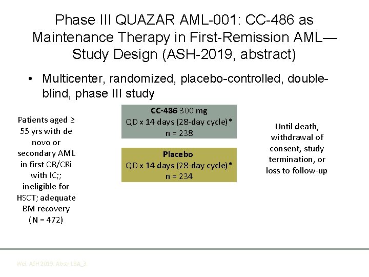 Phase III QUAZAR AML-001: CC-486 as Maintenance Therapy in First-Remission AML— Study Design (ASH-2019,