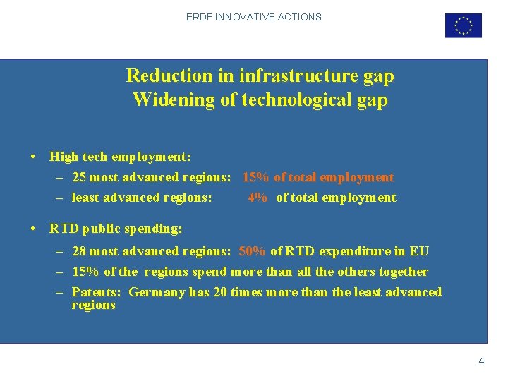 ERDF INNOVATIVE ACTIONS Reduction in infrastructure gap Widening of technological gap • High tech
