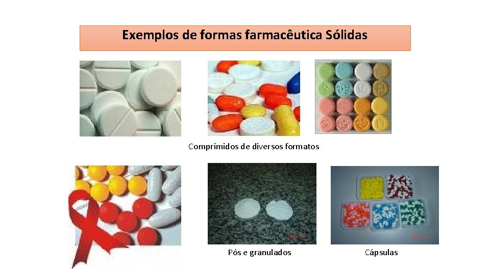 Exemplos de formas farmacêutica Sólidas Comprimidos de diversos formatos Pós e granulados Cápsulas 