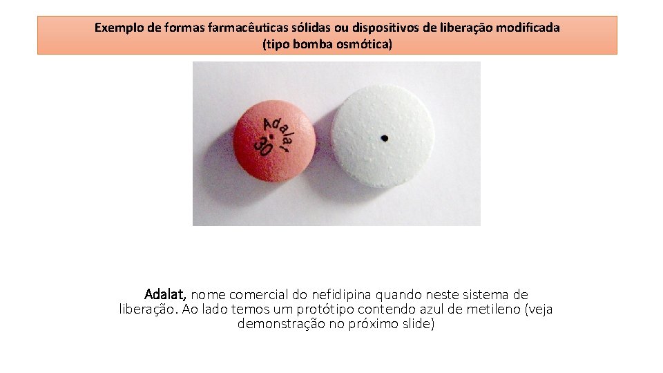 Exemplo de formas farmacêuticas sólidas ou dispositivos de liberação modificada (tipo bomba osmótica) Adalat,