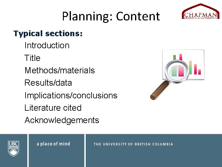 Planning: Content Typical sections: Introduction Title Methods/materials Results/data Implications/conclusions Literature cited Acknowledgements 