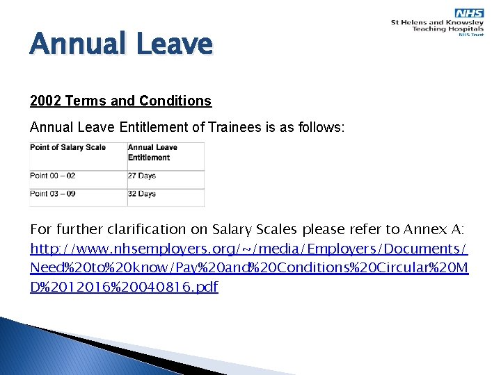 Annual Leave 2002 Terms and Conditions Annual Leave Entitlement of Trainees is as follows: