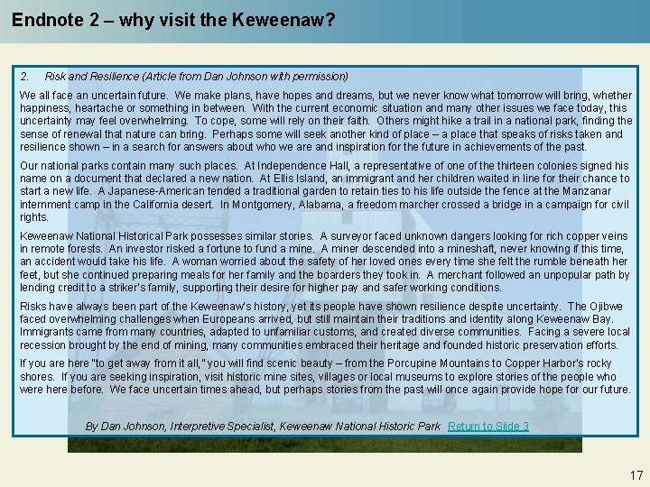 Endnote 2 – why visit the Keweenaw? 2. Risk and Resilience (Article from Dan