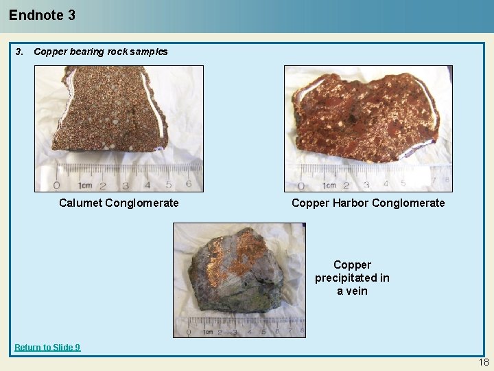 Endnote 3 3. Copper bearing rock samples Calumet Conglomerate Copper Harbor Conglomerate Copper precipitated