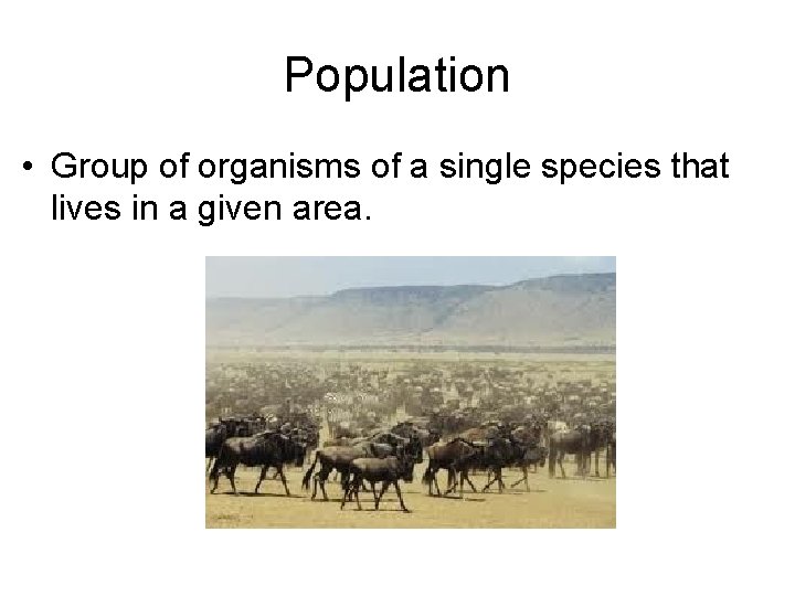 Population • Group of organisms of a single species that lives in a given