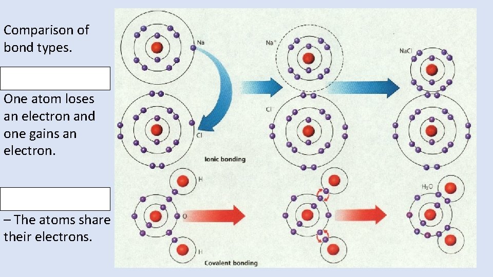Comparison of bond types. Ionic bonding One atom loses an electron and one gains Comparison of bond types. Ionic bonding One atom loses an electron and one gains