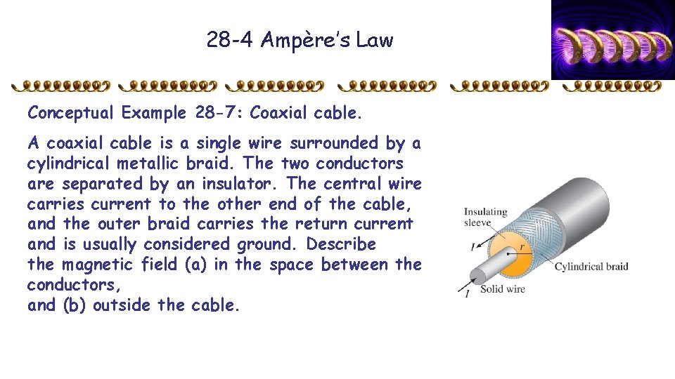 28 -4 Ampère’s Law Conceptual Example 28 -7: Coaxial cable. A coaxial cable is