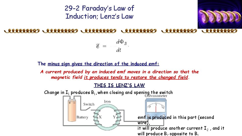 29 -2 Faraday’s Law of Induction; Lenz’s Law The minus sign gives the direction