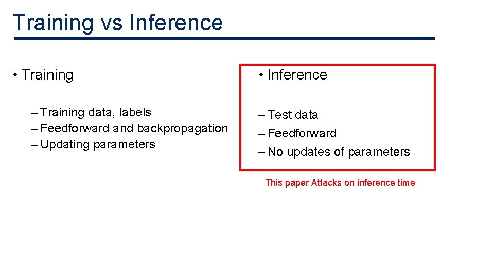 Training vs Inference • Training – Training data, labels – Feedforward and backpropagation – Training vs Inference • Training – Training data, labels – Feedforward and backpropagation –