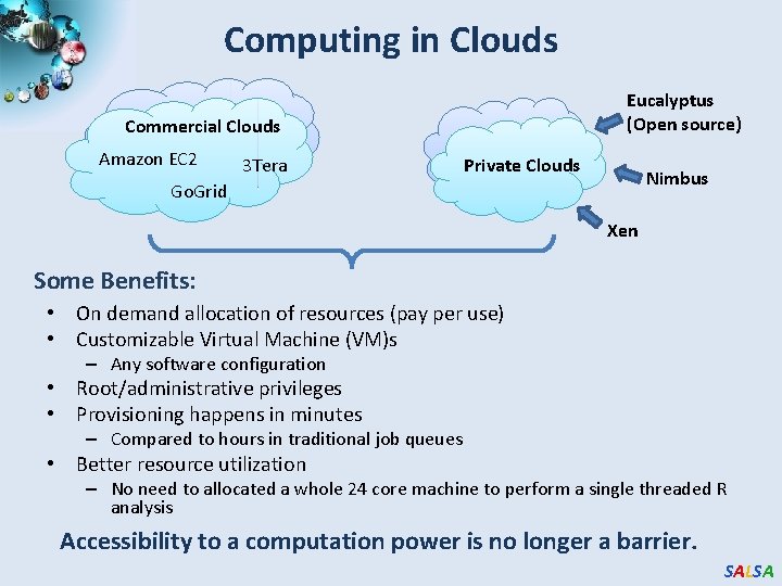 Computing in Clouds Eucalyptus (Open source) Commercial Clouds Amazon EC 2 3 Tera Private Computing in Clouds Eucalyptus (Open source) Commercial Clouds Amazon EC 2 3 Tera Private