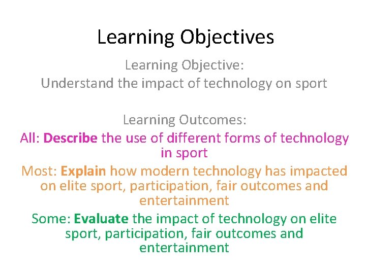 Learning Objectives Learning Objective: Understand the impact of technology on sport Learning Outcomes: All: