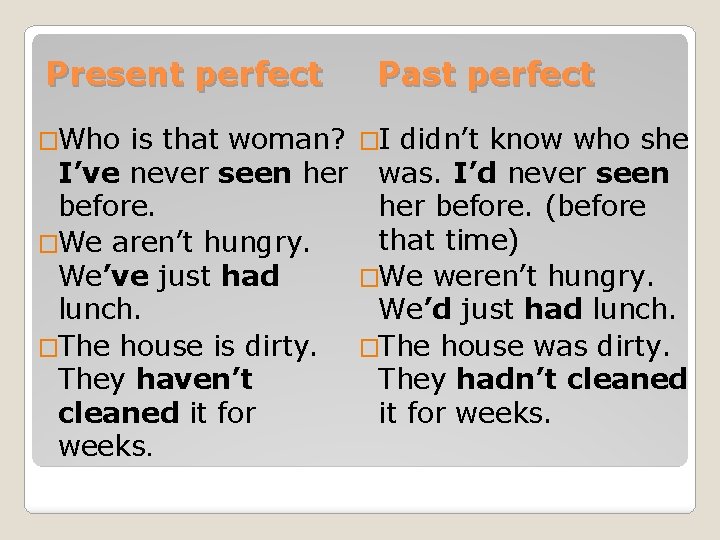 Present perfect �Who Past perfect is that woman? �I didn’t know who she I’ve