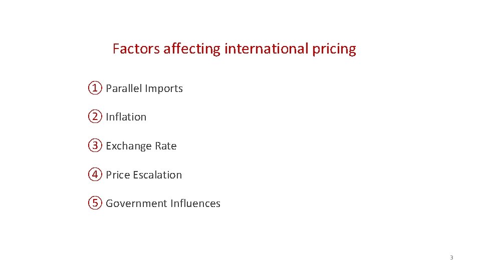 Factors affecting international pricing ① Parallel Imports ② Inflation ③ Exchange Rate ④ Price