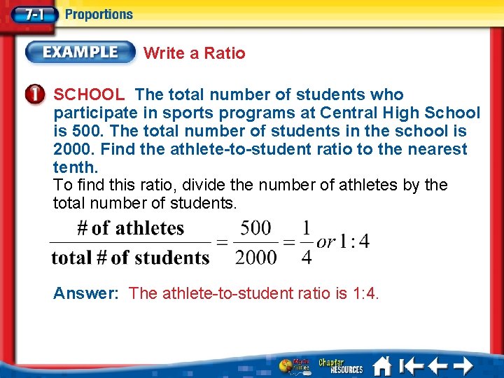 Write a Ratio SCHOOL The total number of students who participate in sports programs