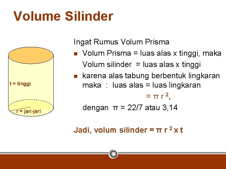 Volume Silinder t = tinggi r = jari-jari Ingat Rumus Volum Prisma n Volum