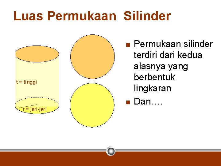 Luas Permukaan Silinder n t = tinggi n r = jari-jari Permukaan silinder terdiri