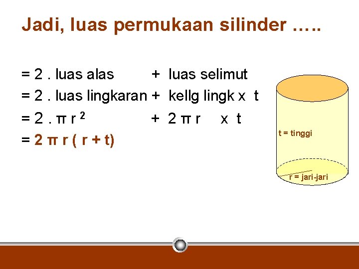 Jadi, luas permukaan silinder …. . = 2. luas alas + luas selimut =