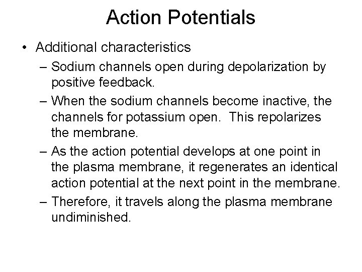 Action Potentials • Additional characteristics – Sodium channels open during depolarization by positive feedback.