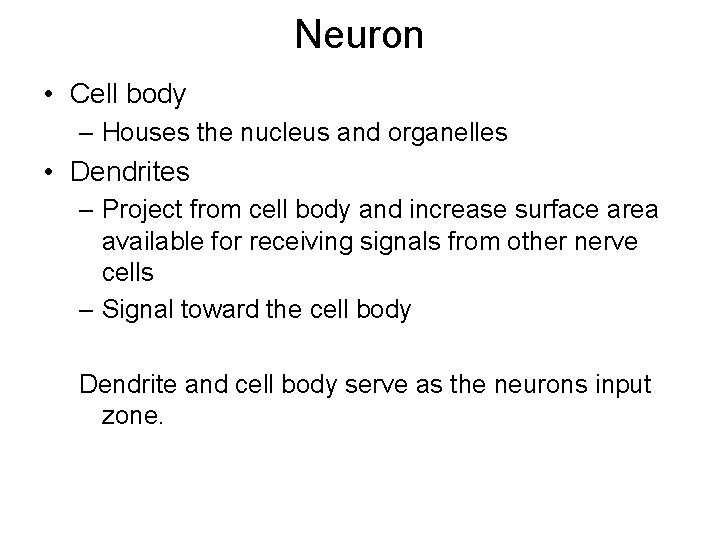 Neuron • Cell body – Houses the nucleus and organelles • Dendrites – Project