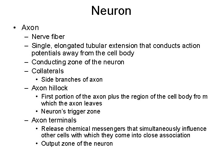 Neuron • Axon – Nerve fiber – Single, elongated tubular extension that conducts action