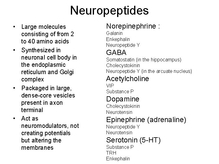 Neuropeptides • Large molecules consisting of from 2 to 40 amino acids • Synthesized